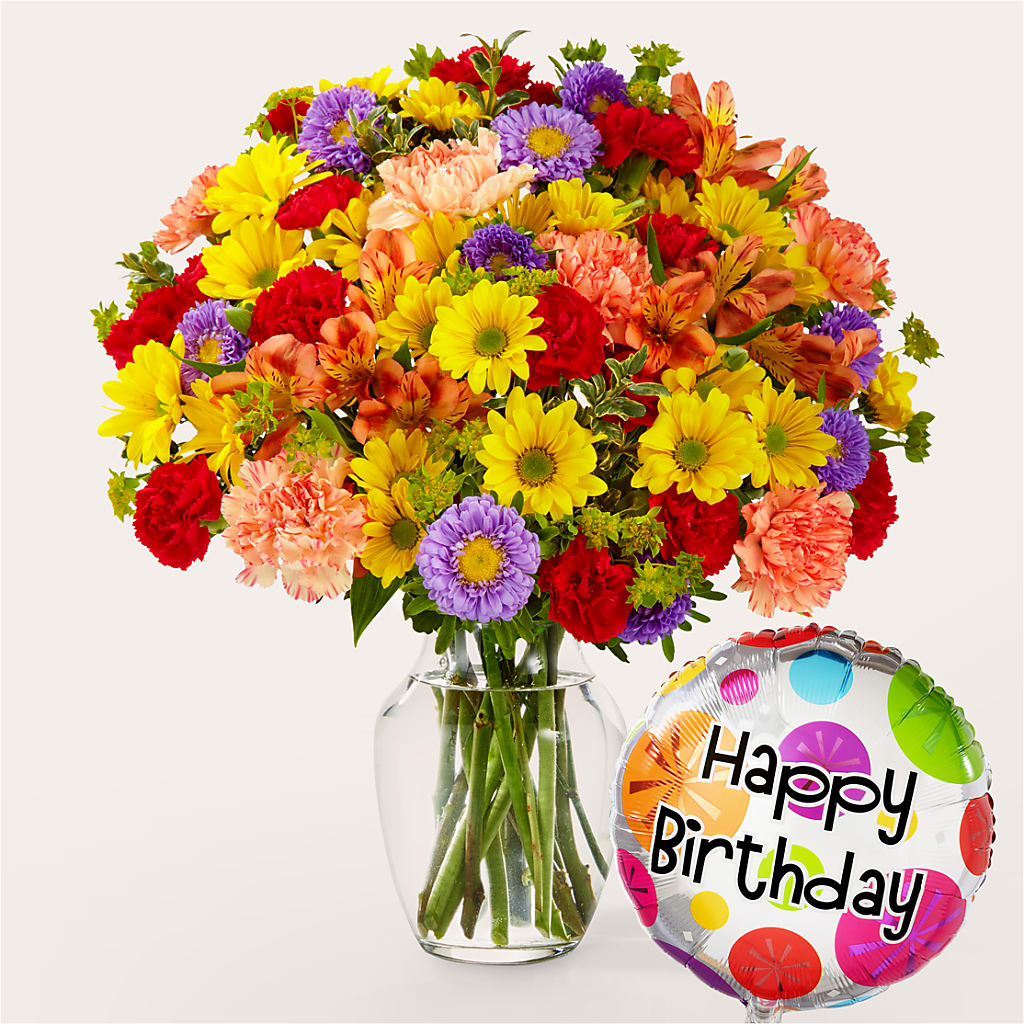 Kaleidoscope Bouquet with Birthday Balloon – Karnation Korner Florist, Dunedin FL