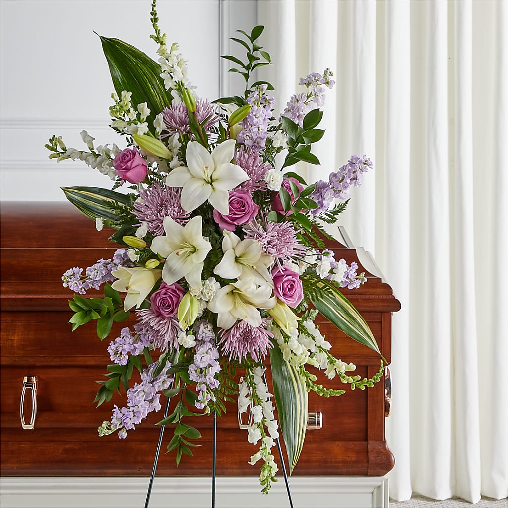 Grateful Hearts Standing Spray – Karnation Korner Florist, Dunedin FL