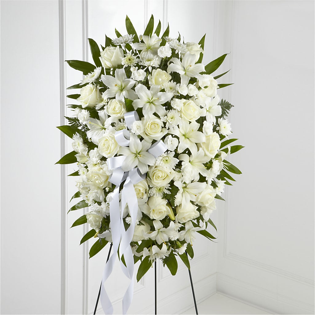 Exquisite Tribute Standing Spray-White Ribbon – Karnation Korner Florist, Dunedin FL