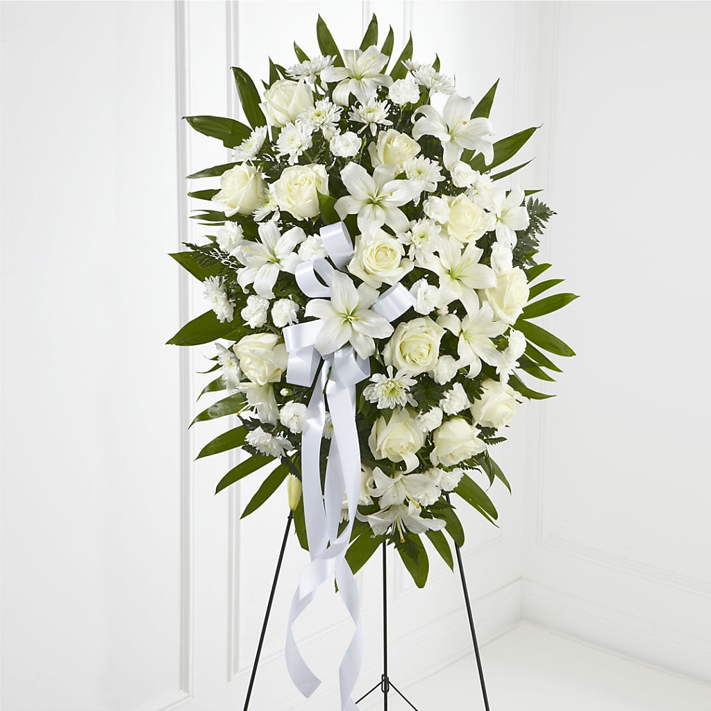 Exquisite Tribute Standing Spray-White Ribbon – Karnation Korner Florist, Dunedin FL